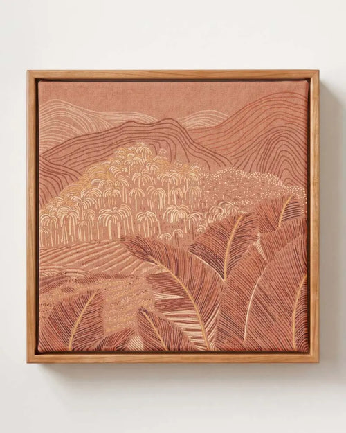 Amber Palms Canvas in Solid Pine Floating Frame