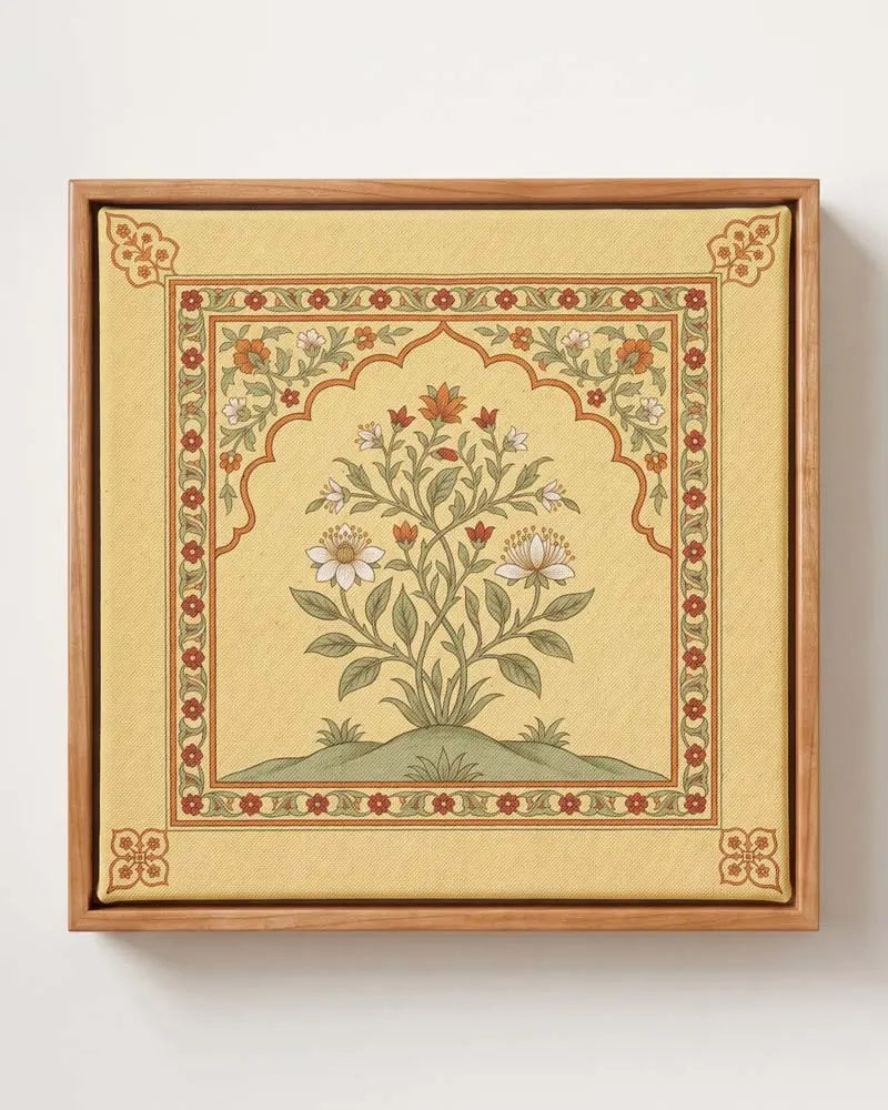 Mughal botanical flower canvas print in solid pine floating frame