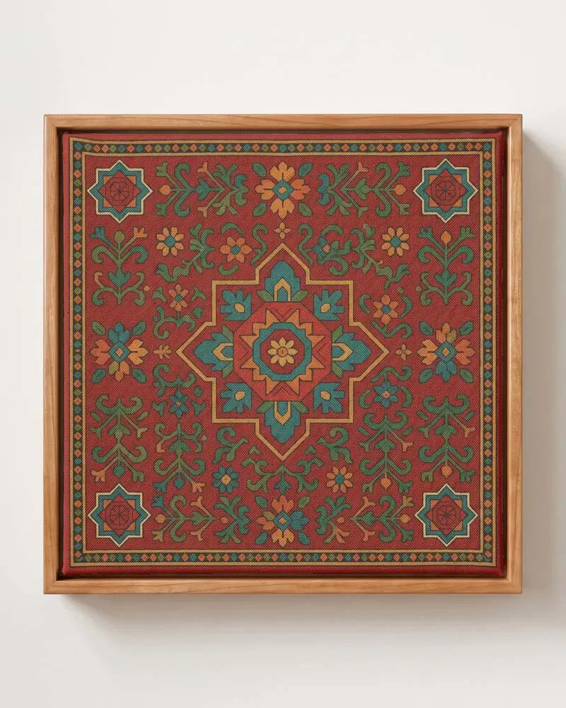 Artisanal Tradition red rug medallion canvas print in solid pine floating frame