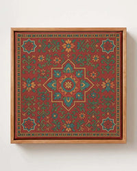 Artisanal Tradition red rug medallion canvas print in solid pine floating frame