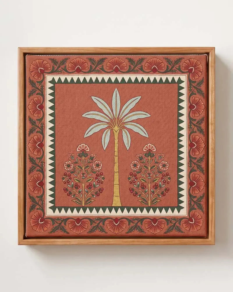 Heritage Bloom palm tree canvas print in solid pine floating frame